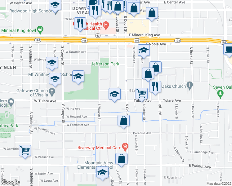 map of restaurants, bars, coffee shops, grocery stores, and more near 905 South Locust Street in Visalia