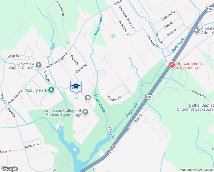 map of restaurants, bars, coffee shops, grocery stores, and more near 245 Dog Creek Ln in Jacksboro