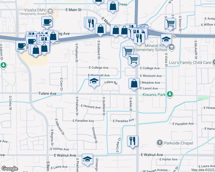 map of restaurants, bars, coffee shops, grocery stores, and more near 2314 E Tulare Ave in Visalia