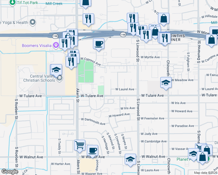 map of restaurants, bars, coffee shops, grocery stores, and more near 1046 South Noyes Street in Visalia