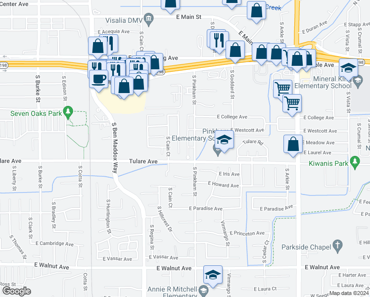map of restaurants, bars, coffee shops, grocery stores, and more near 1113 South Pinkham Street in Visalia