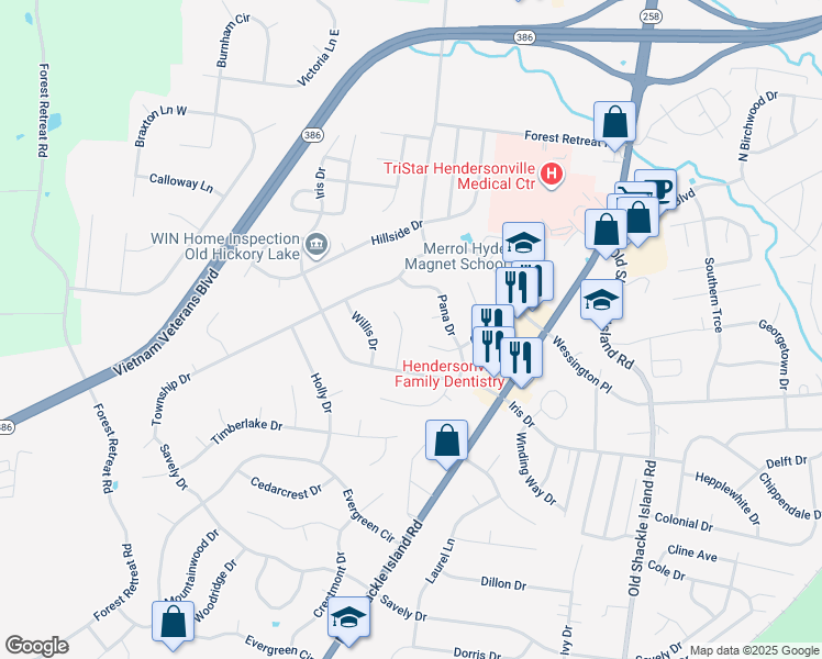 map of restaurants, bars, coffee shops, grocery stores, and more near 108 Iris Ct in Hendersonville