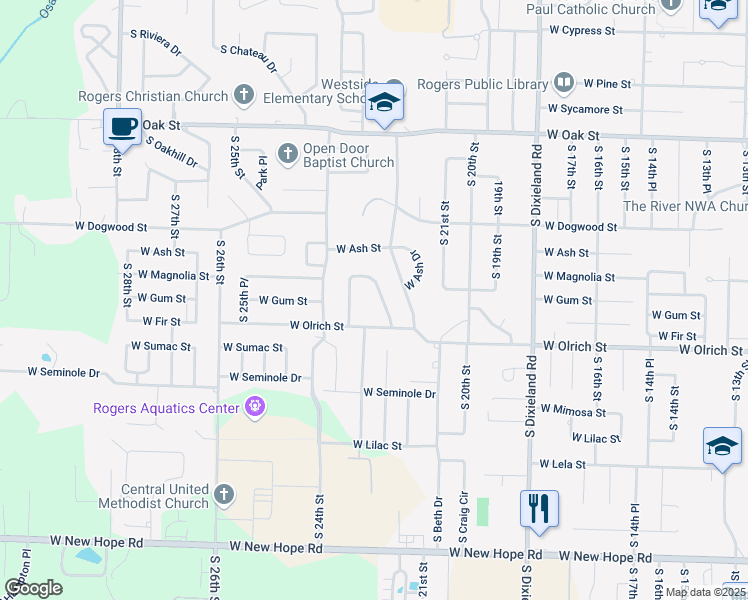 map of restaurants, bars, coffee shops, grocery stores, and more near 1508 South Heritage Circle in Rogers