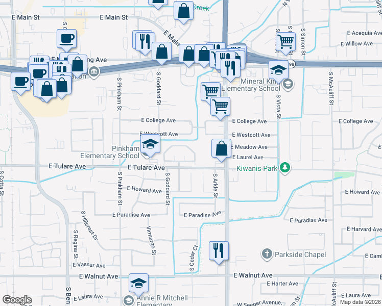 map of restaurants, bars, coffee shops, grocery stores, and more near 2618 East Tulare Avenue in Visalia