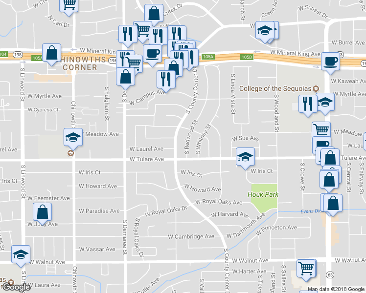map of restaurants, bars, coffee shops, grocery stores, and more near 1103 South Redwood Street in Visalia