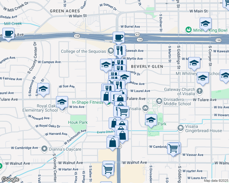 map of restaurants, bars, coffee shops, grocery stores, and more near 1107 South Mooney Boulevard in Visalia