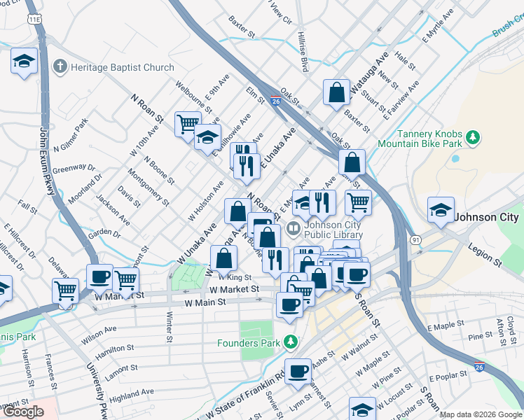 map of restaurants, bars, coffee shops, grocery stores, and more near 101 West Watauga Avenue in Johnson City
