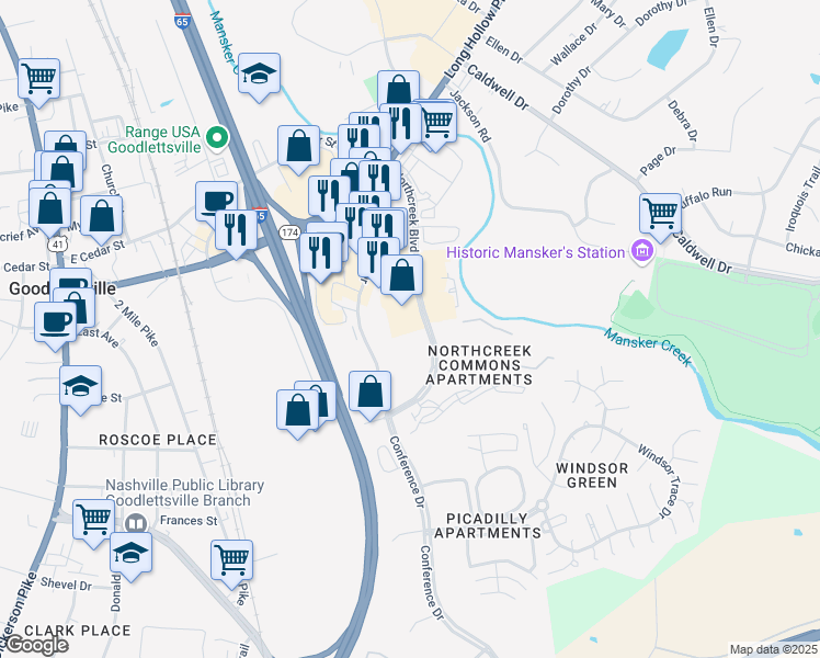 map of restaurants, bars, coffee shops, grocery stores, and more near 318 Northcreek Boulevard in Goodlettsville