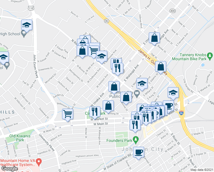 map of restaurants, bars, coffee shops, grocery stores, and more near 120 West Unaka Avenue in Johnson City