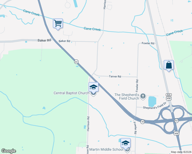 map of restaurants, bars, coffee shops, grocery stores, and more near 120 Tarver Road in Martin
