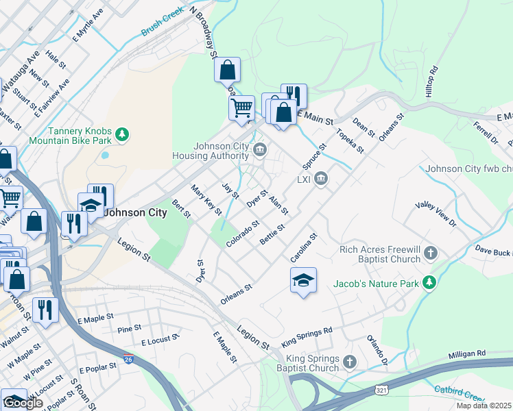 map of restaurants, bars, coffee shops, grocery stores, and more near 304 Dyer Street in Johnson City