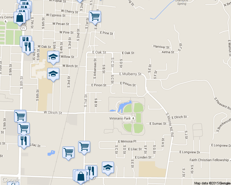 map of restaurants, bars, coffee shops, grocery stores, and more near 1304 South C Court in Rogers