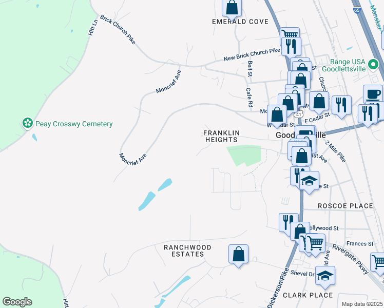 map of restaurants, bars, coffee shops, grocery stores, and more near 317 McCoin Drive in Goodlettsville