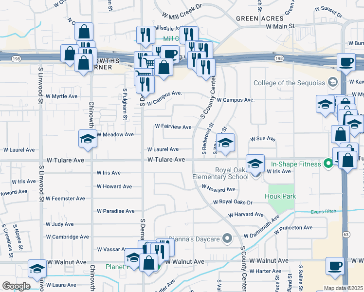 map of restaurants, bars, coffee shops, grocery stores, and more near 3334 W Laurel Ave in Visalia