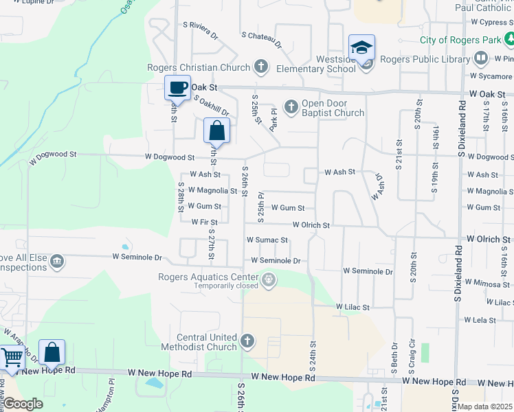 map of restaurants, bars, coffee shops, grocery stores, and more near 1118 South 25th Place in Rogers