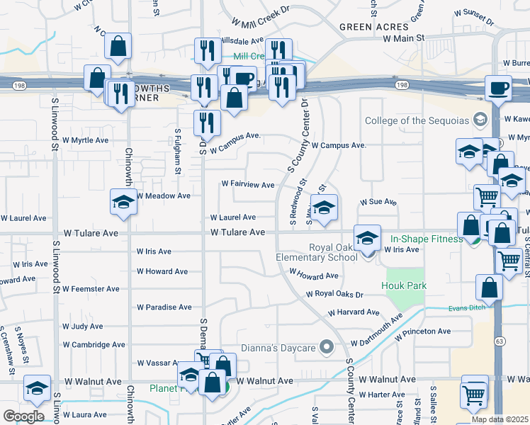 map of restaurants, bars, coffee shops, grocery stores, and more near 3334 West Laurel Avenue in Visalia