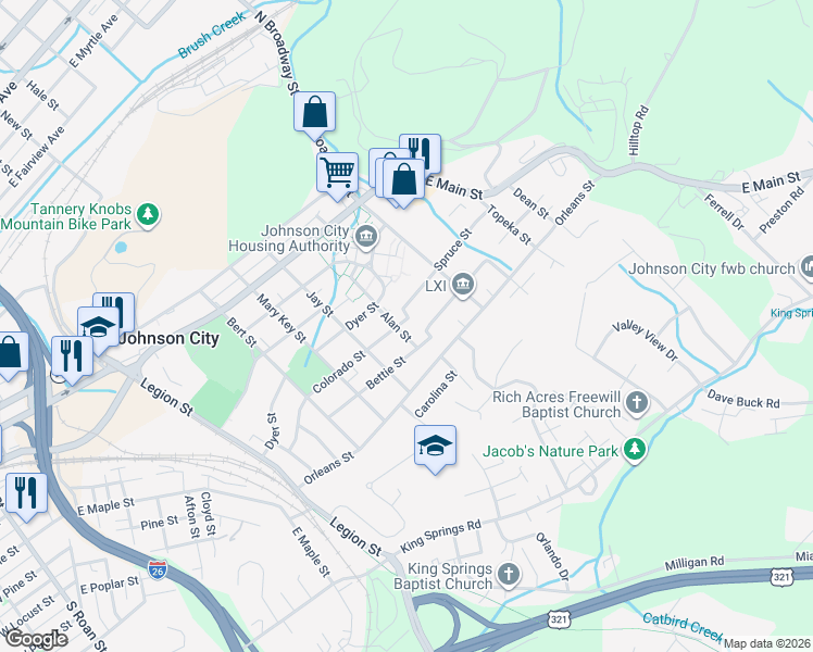 map of restaurants, bars, coffee shops, grocery stores, and more near 414 Colorado Street in Johnson City