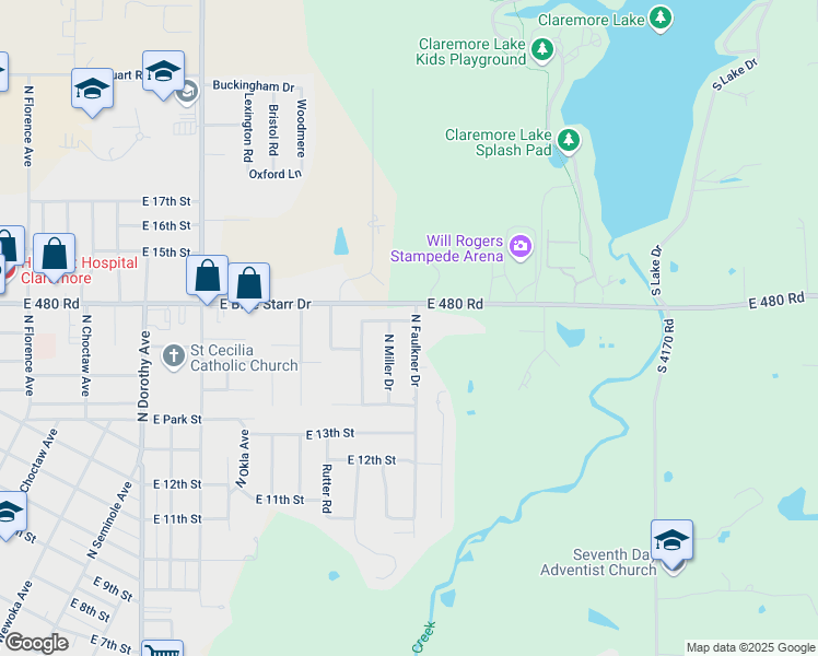 map of restaurants, bars, coffee shops, grocery stores, and more near 1307 North Faulkner Drive in Claremore