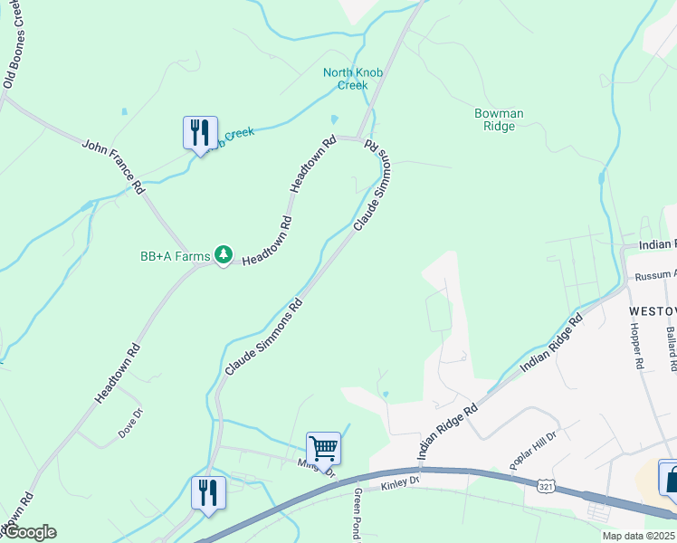 map of restaurants, bars, coffee shops, grocery stores, and more near 335 Claude Simmons Road in Johnson City