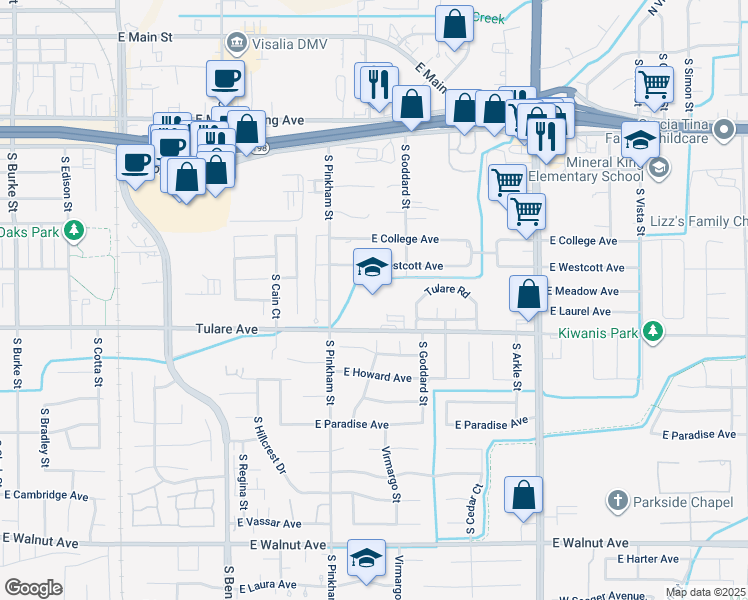 map of restaurants, bars, coffee shops, grocery stores, and more near 2200 East Tulare Avenue in Visalia