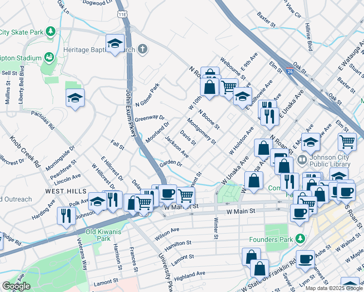 map of restaurants, bars, coffee shops, grocery stores, and more near 610 Jackson Avenue in Johnson City