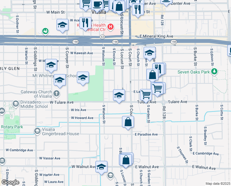 map of restaurants, bars, coffee shops, grocery stores, and more near 311 West Laurel Avenue in Visalia