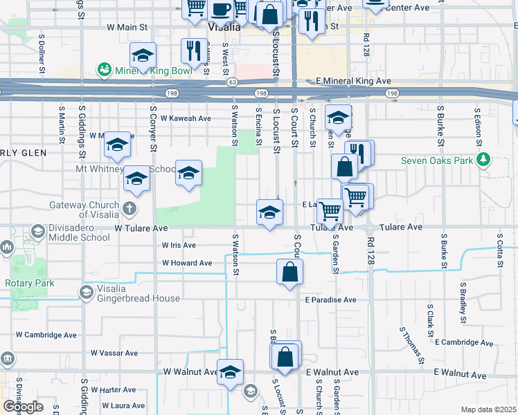 map of restaurants, bars, coffee shops, grocery stores, and more near 311 West Laurel Avenue in Visalia