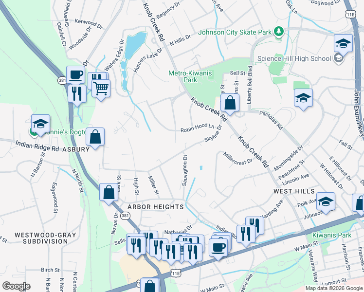 map of restaurants, bars, coffee shops, grocery stores, and more near 1110 Skyline Drive in Johnson City