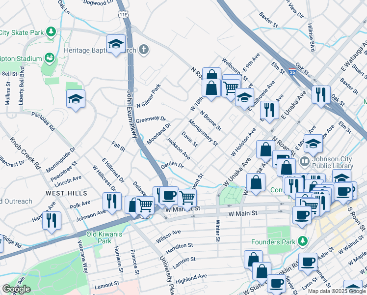 map of restaurants, bars, coffee shops, grocery stores, and more near 610 Jackson Avenue in Johnson City