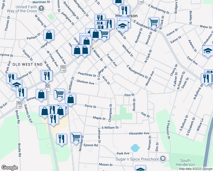 map of restaurants, bars, coffee shops, grocery stores, and more near 604 Arch Street in Henderson