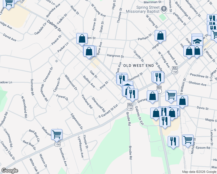 map of restaurants, bars, coffee shops, grocery stores, and more near 282 Oak Street in Henderson