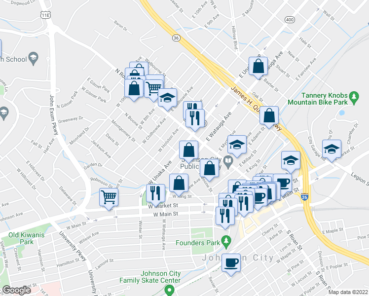 map of restaurants, bars, coffee shops, grocery stores, and more near 111 West Unaka Avenue in Johnson City