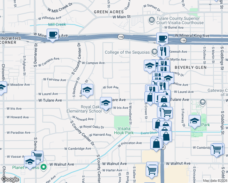 map of restaurants, bars, coffee shops, grocery stores, and more near 2704 West Laurel Avenue in Visalia