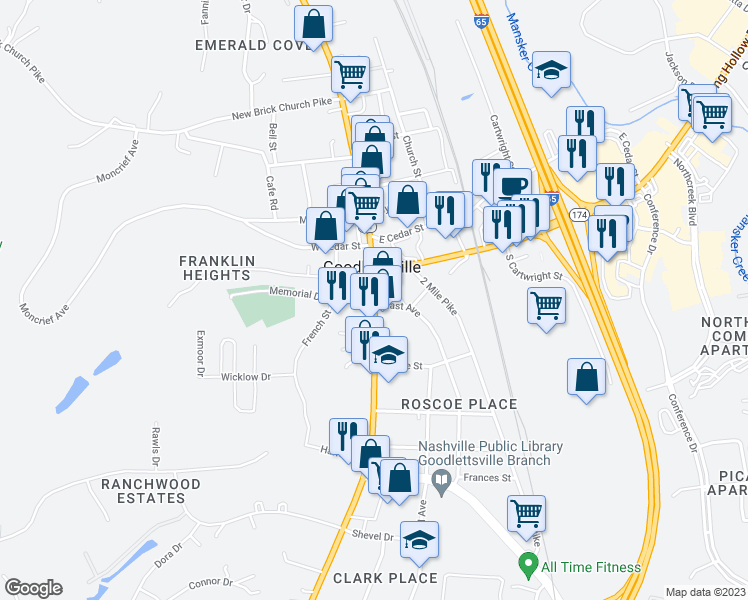 map of restaurants, bars, coffee shops, grocery stores, and more near 136 Dickerson Pike in Goodlettsville