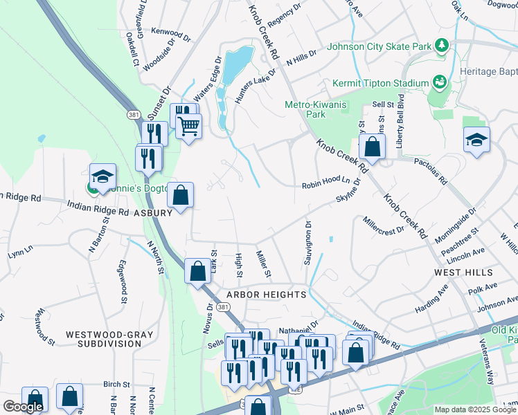 map of restaurants, bars, coffee shops, grocery stores, and more near 1406 Skyline Drive in Johnson City