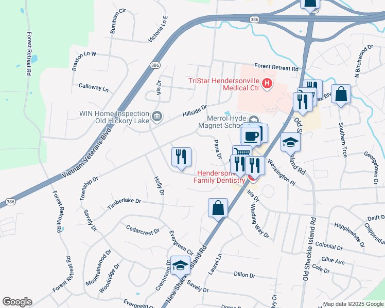 map of restaurants, bars, coffee shops, grocery stores, and more near 108 Iris Court in Hendersonville