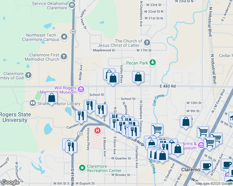 map of restaurants, bars, coffee shops, grocery stores, and more near 306 North Davis Avenue in Claremore
