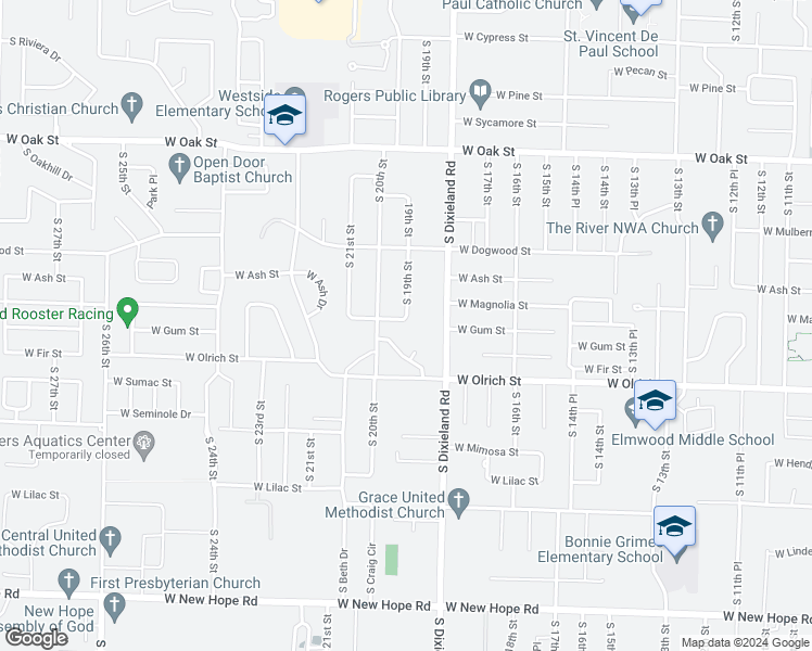 map of restaurants, bars, coffee shops, grocery stores, and more near 1900 West Magnolia Street in Rogers
