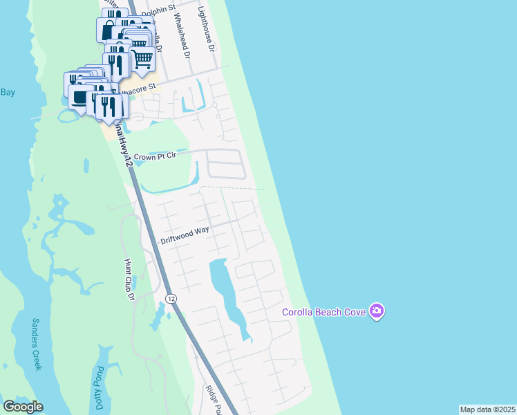 map of restaurants, bars, coffee shops, grocery stores, and more near 703 Spinnaker Arch in Corolla