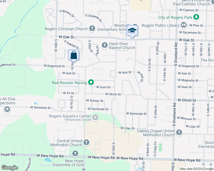 map of restaurants, bars, coffee shops, grocery stores, and more near 2415 West Gum Street in Rogers