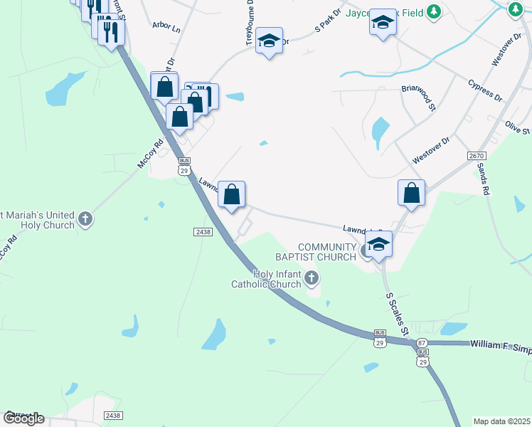 map of restaurants, bars, coffee shops, grocery stores, and more near 17 Lawndale Drive in Reidsville