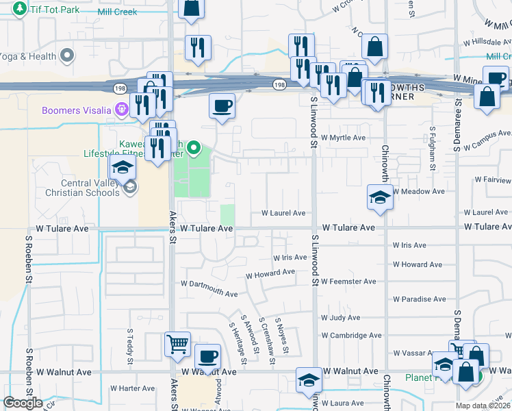 map of restaurants, bars, coffee shops, grocery stores, and more near 1046 South Noyes Street in Visalia
