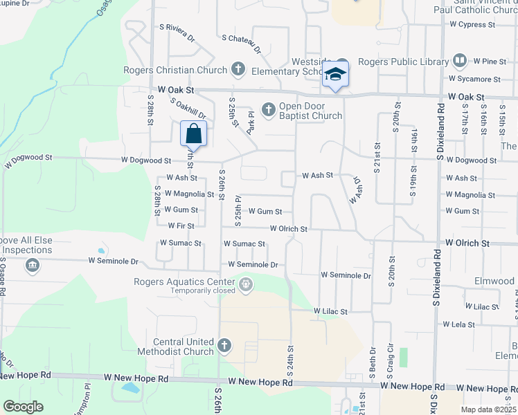 map of restaurants, bars, coffee shops, grocery stores, and more near 2431 West Gum Street in Rogers