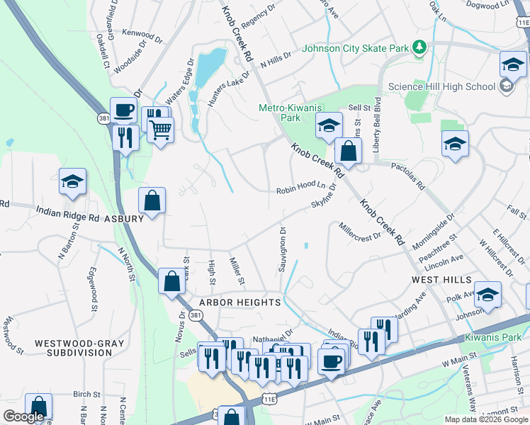 map of restaurants, bars, coffee shops, grocery stores, and more near 1106 King Richard Boulevard in Johnson City