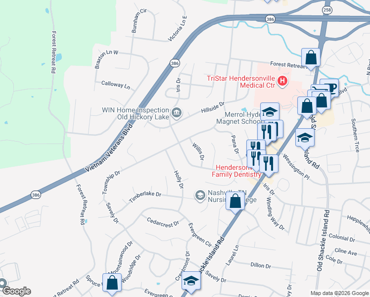 map of restaurants, bars, coffee shops, grocery stores, and more near 240 Iris Drive in Hendersonville