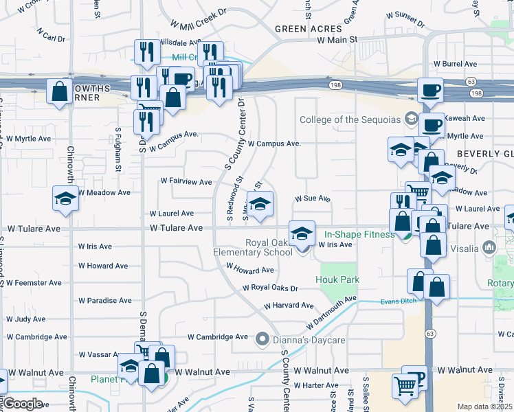 map of restaurants, bars, coffee shops, grocery stores, and more near 1041 West Valley Drive in Visalia