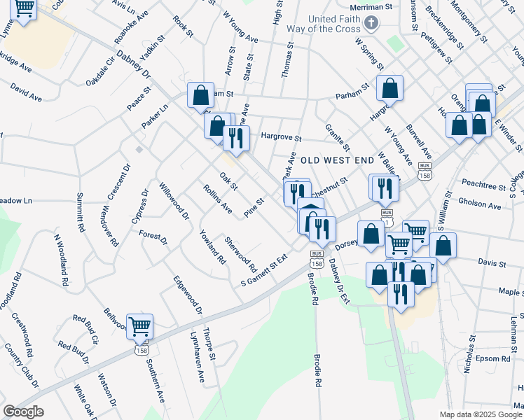 map of restaurants, bars, coffee shops, grocery stores, and more near 282 Oak Street in Henderson