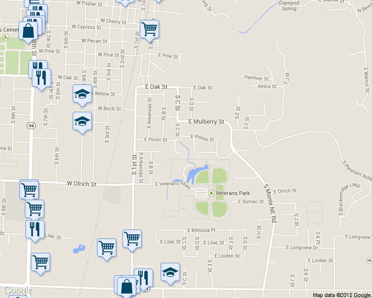 map of restaurants, bars, coffee shops, grocery stores, and more near 1304 South C Court in Rogers