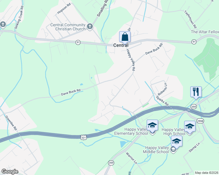map of restaurants, bars, coffee shops, grocery stores, and more near 202 Happy Valley Road in Johnson City