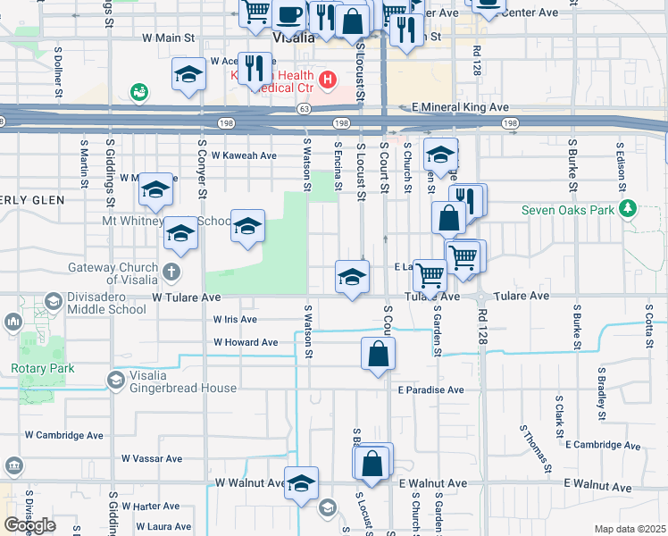 map of restaurants, bars, coffee shops, grocery stores, and more near 307 West Laurel Avenue in Visalia